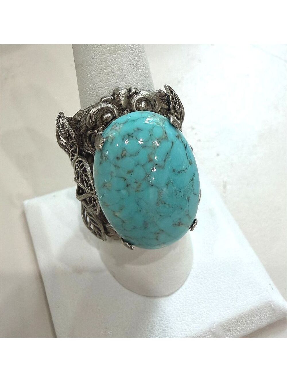 Vintage Silver-Tone Ring with Large Turquoise Stone